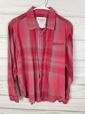 GUESS Men's Slim Fit Red Plaid Checkered Long Sleeve Button Up Shirt 
A-10